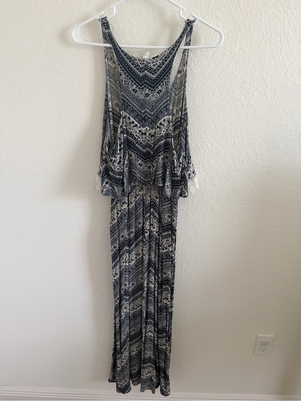Bohemian Navy & White Maxi Dress with Crochet Trim - Picture 3 of 4